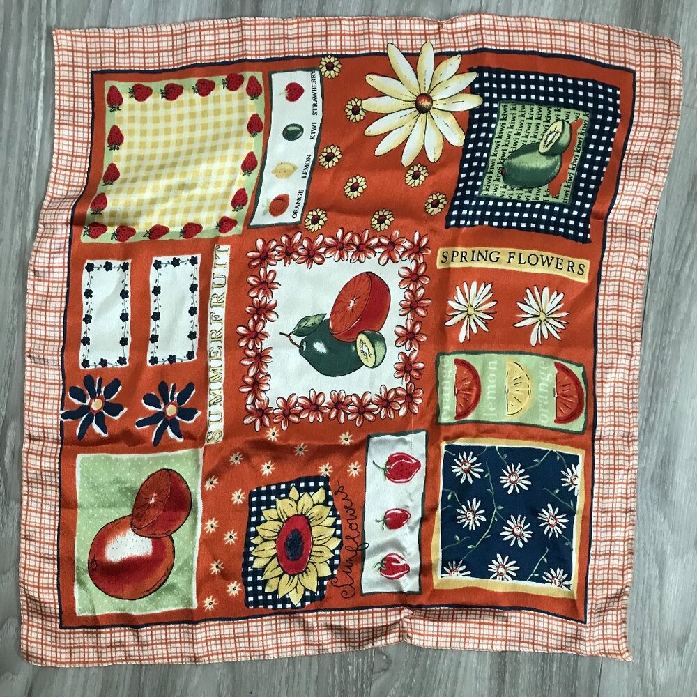 WOMENS SCARF SILK SQUARE RED FRUIT KITCHEN CHEF BAKER SATIN SQUARE